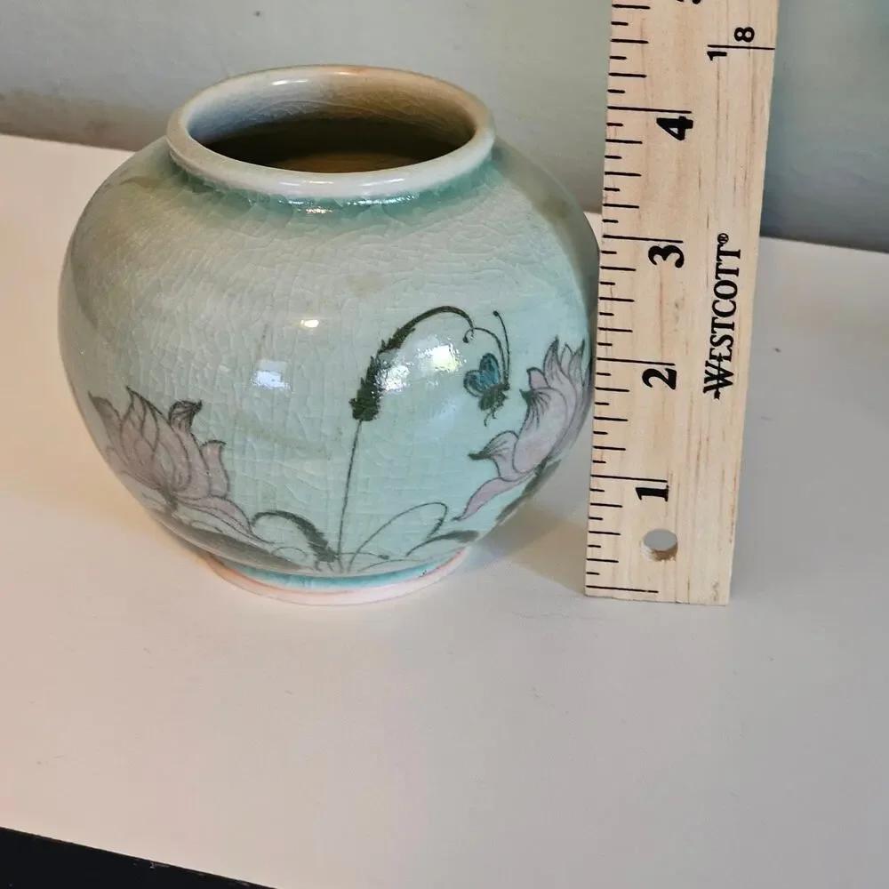 Vintage Baan Celadon Pottery Crackle Glaze Jar with Lotus Flowers from Thailand